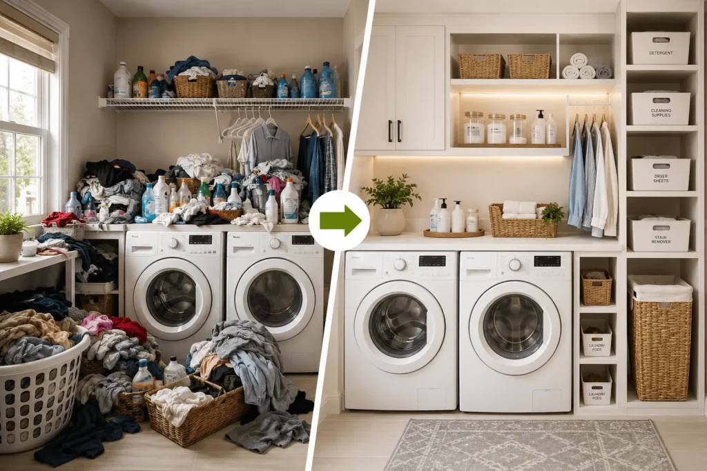 Before and After Laundry Room Organization ideas Before and after laundry room organization with smart storage solutions