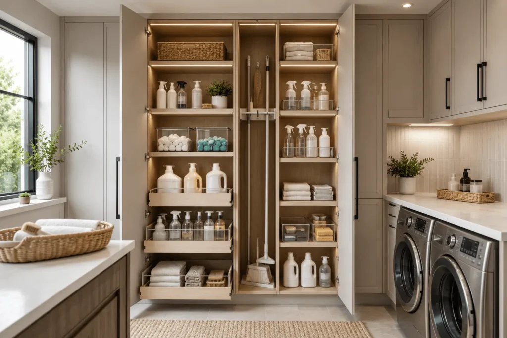 Best storage cabinets for cleaning supplies in an organized modern laundry room