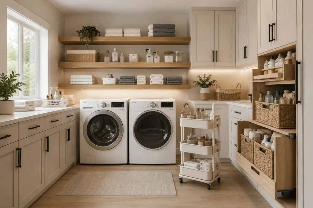 Modern organized laundry room with floating oak shelves, labeled storage bins, a rolling utility cart, pull-out cabinet organizers, folded towels, and neatly arranged laundry essentials in a bright Scandinavian-inspired space.
