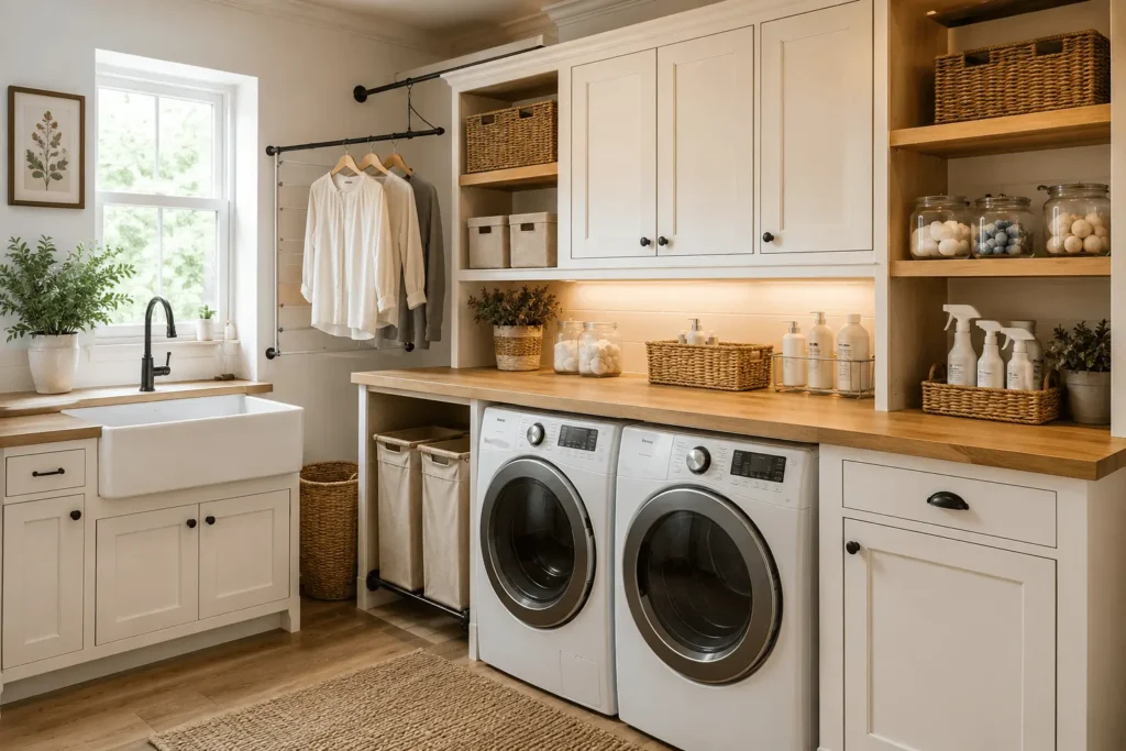 Farmhouse laundry room organization with warm white shaker cabinets, butcher block folding countertop, woven storage baskets, farmhouse sink, drying rack, and organized laundry supplies.