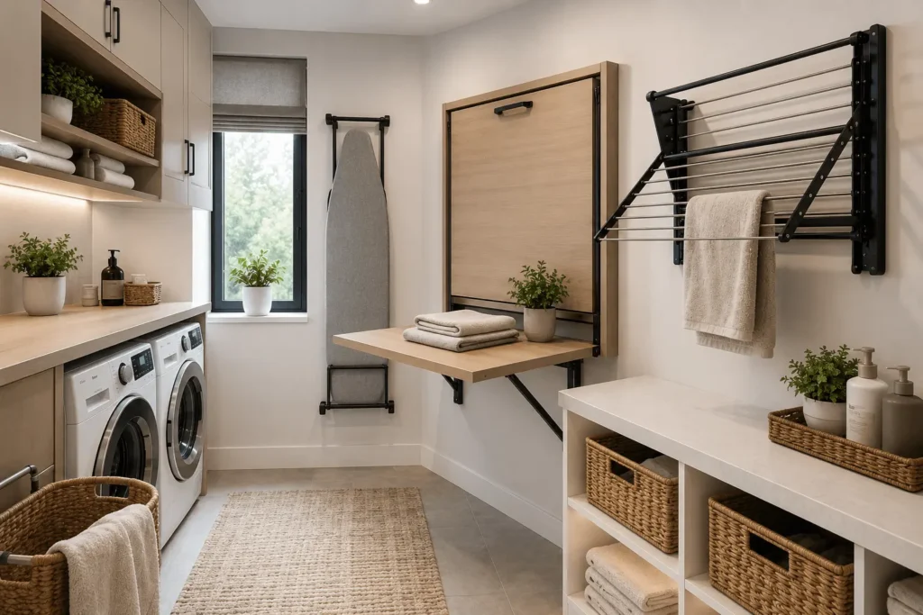 Fold-away furniture with a fold-down table and wall-mounted drying rack in an organized laundry room