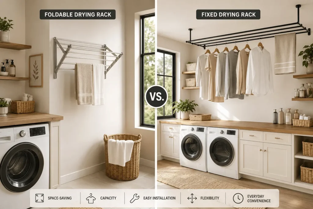 Foldable vs fixed drying racks comparison in an organized modern laundry room