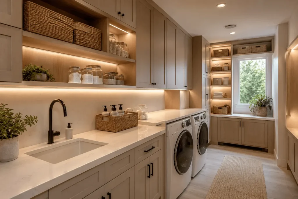 Modern Scandinavian-transitional laundry room featuring integrated under-cabinet LED lighting, recessed ceiling lights, quartz countertop, organized cabinetry, front-loading washer and dryer, and stylish storage baskets.