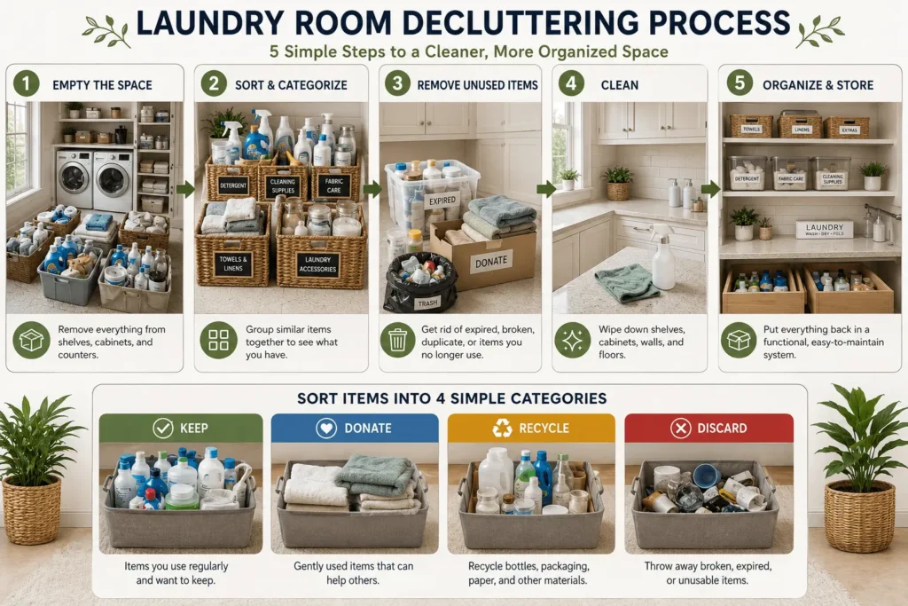 Laundry room decluttering process showing five steps from emptying and sorting to cleaning and organizing