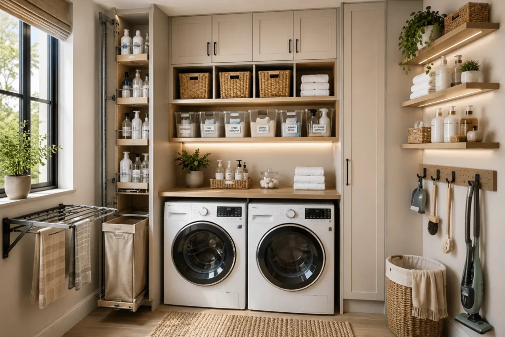Small laundry room organization with vertical storage cabinets, open shelves, and space-saving storage hacks