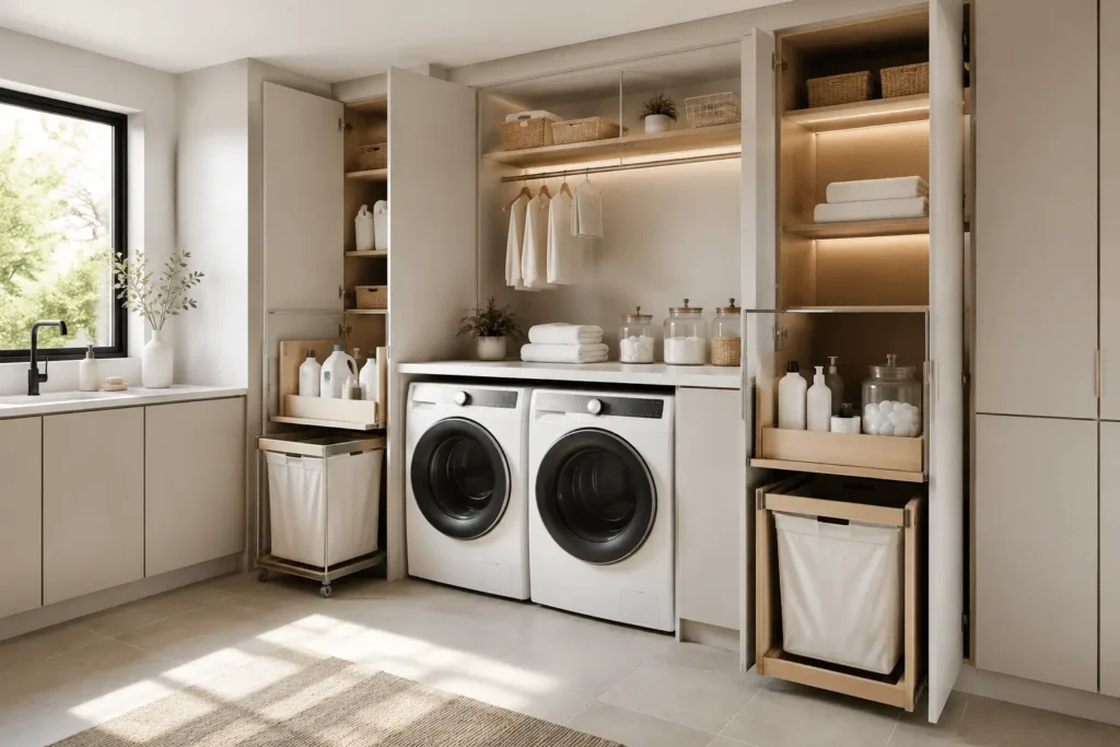 Modern laundry room with hidden storage and organized laundry essentials