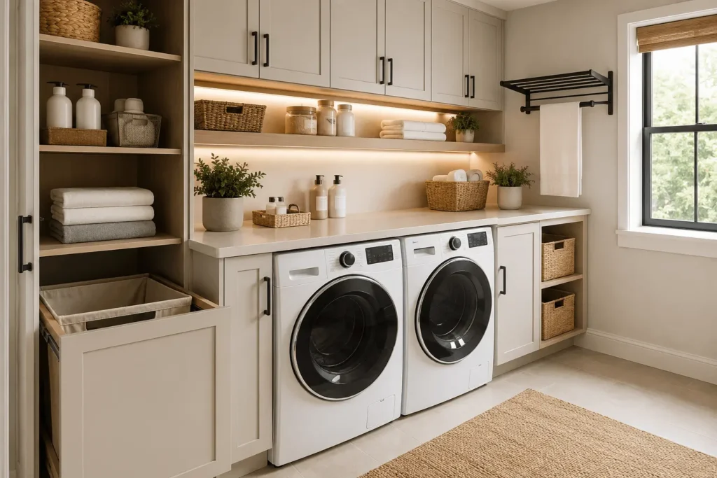 Modern laundry room organization with sleek white cabinets, front-loading washer and dryer, pull-out hamper, open shelving, woven baskets, countertop folding station, and smart space-saving storage solutions.