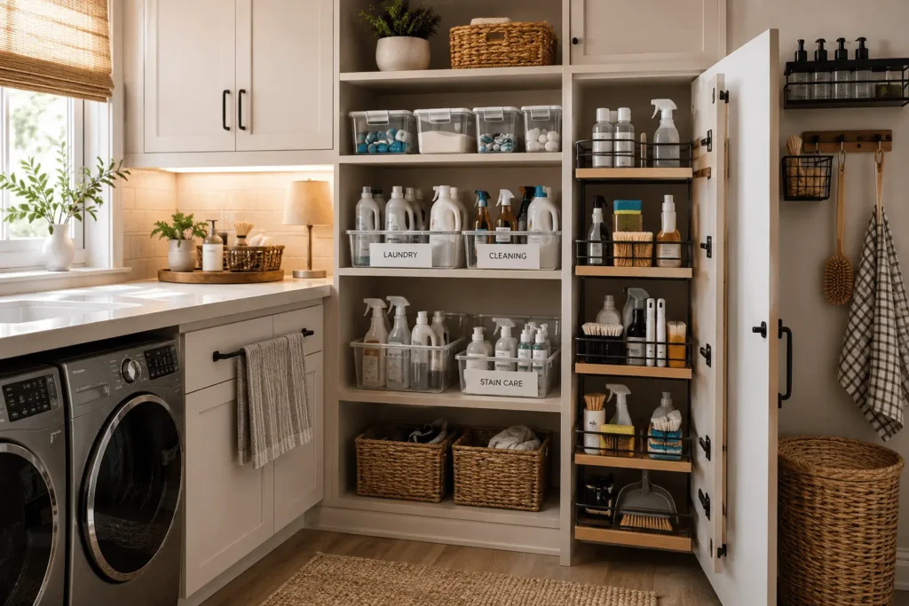 Organized cleaning supplies storage in a modern laundry room with labeled bins, pull-out cabinet, open shelves, woven baskets, and neatly arranged laundry essentials.