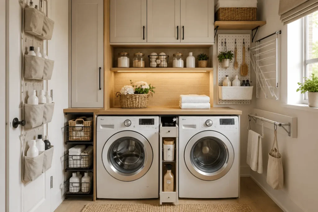Small laundry room organization with front-loading washer and dryer, vertical storage shelves, pull-out cabinet, wall-mounted drying rack, and labeled baskets in a modern Scandinavian farmhouse design.