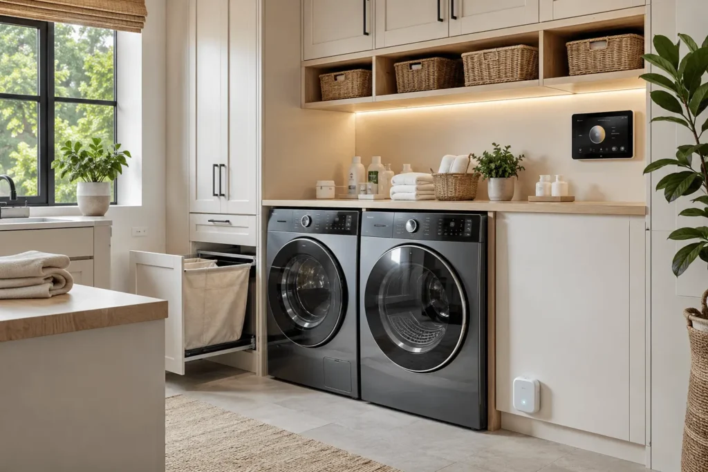 Modern laundry room with smart appliances and integrated technology