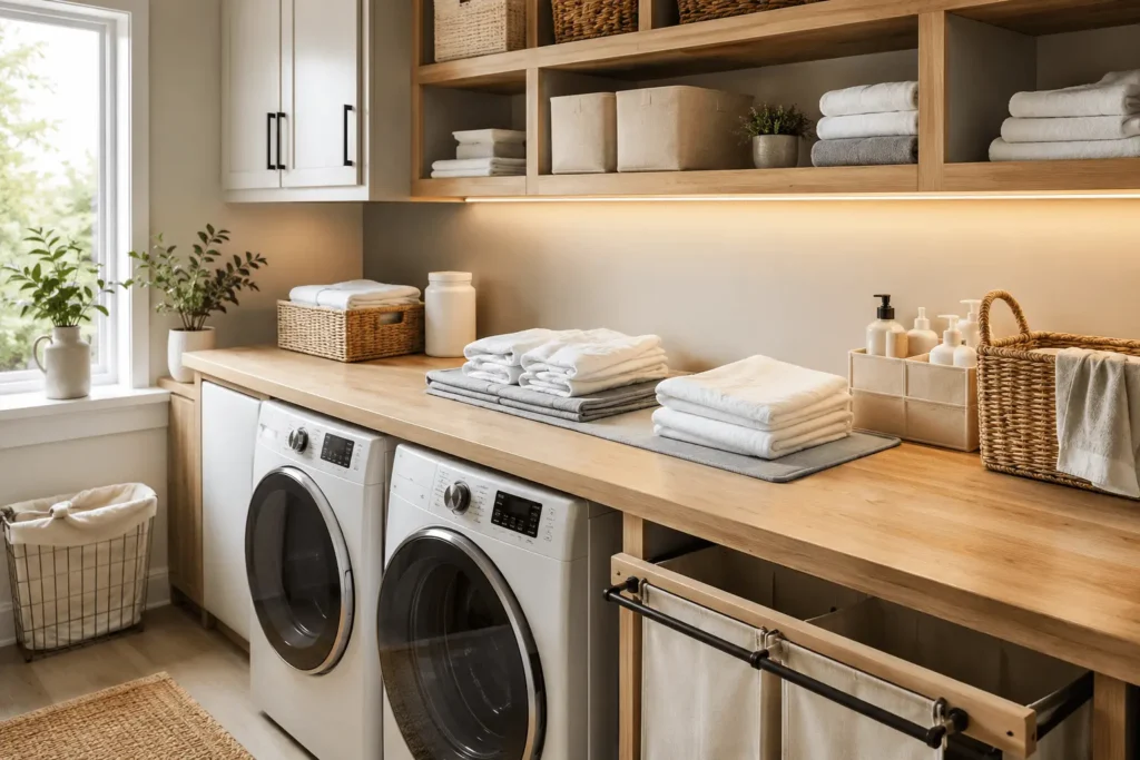 Smart laundry folding station with a wide countertop above front-loading washer and dryer, open shelving, woven baskets, folded towels, labeled storage bins, and organized laundry room storage.
