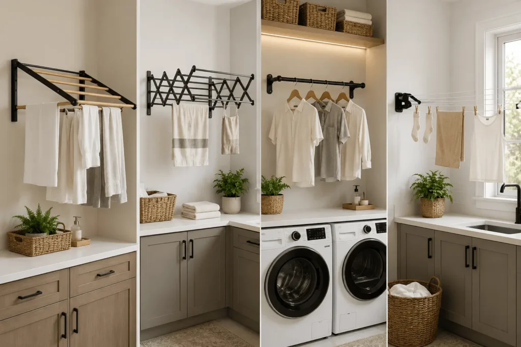 Visual comparison of four space-saving wall-mounted drying rack designs in a modern Scandinavian-style laundry room