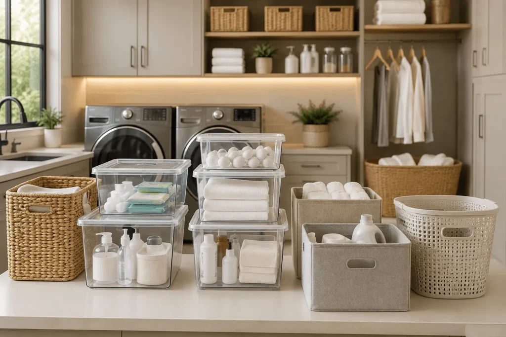 Comparison of clear, stackable, fabric, and woven storage bins organized in a modern laundry room