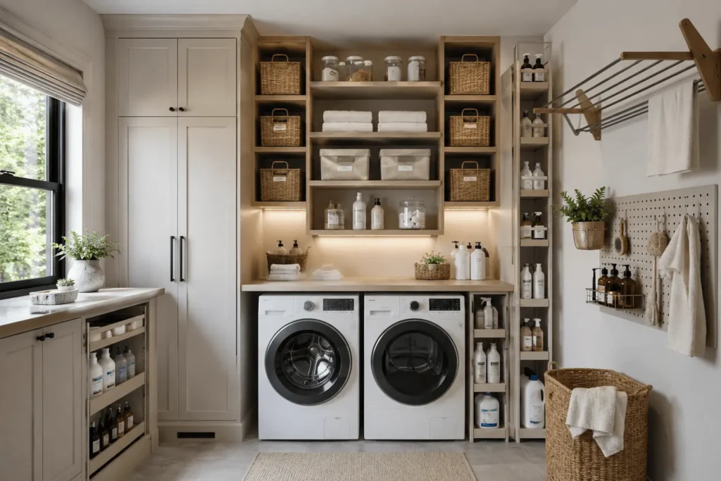 Vertical laundry room storage ideas with tall cabinets, shelves, and wall-mounted organizers