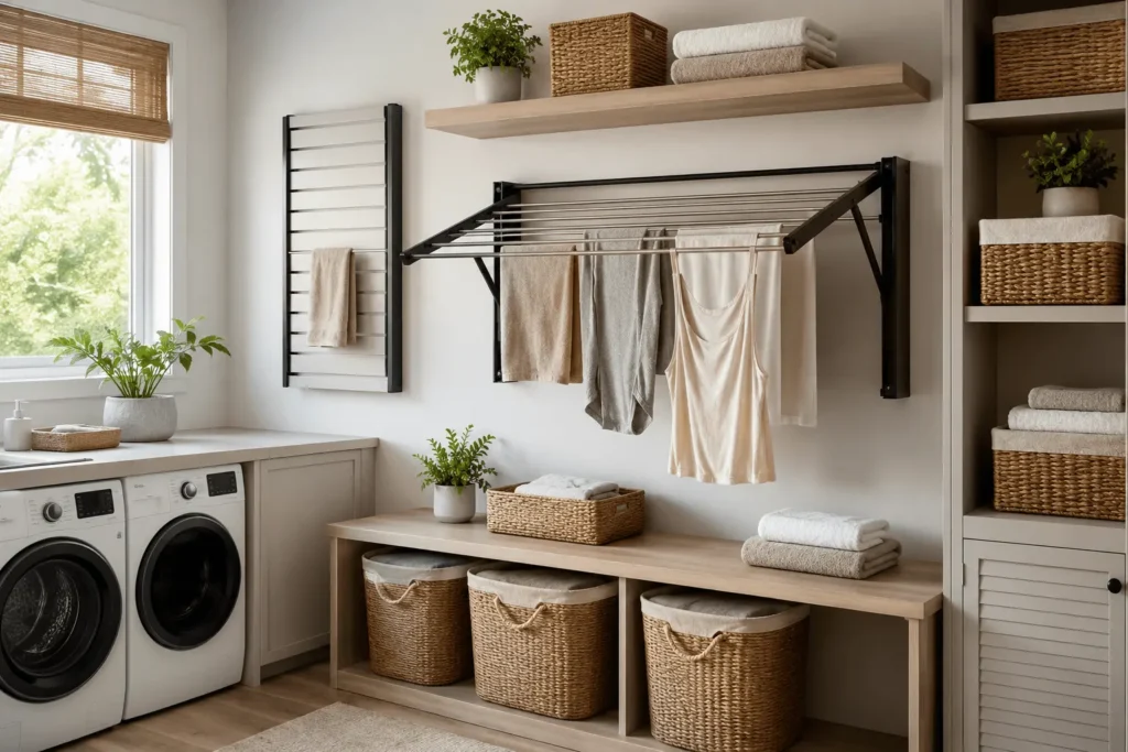 Modern laundry room featuring a wall-mounted fold-down drying rack with neatly hung clothes, woven storage baskets, floating shelves, and space-saving organization for a small laundry room.