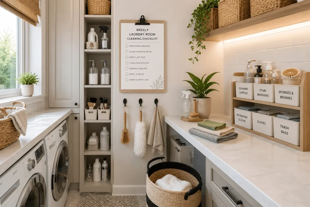 Modern organized laundry room featuring a printable weekly cleaning checklist on a clipboard, neatly arranged cleaning supplies, labeled storage bins, woven baskets, microfiber cloths, and a smart cleaning station with bright natural light.