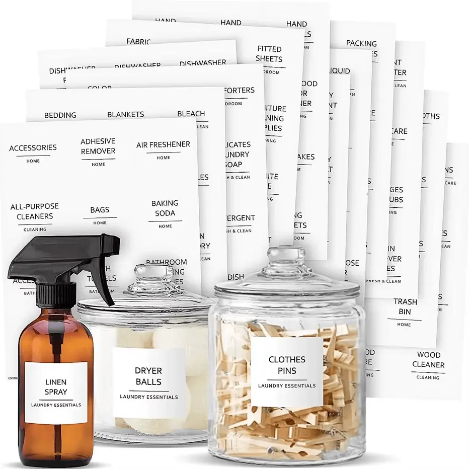 144-piece waterproof removable PVC labels for laundry detergent dispensers, spray bottles, bathroom containers, and cleaning supply organization.