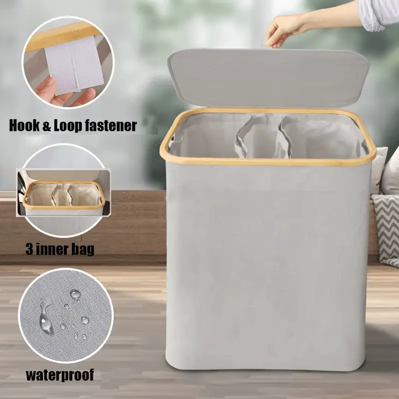 160L extra-large collapsible laundry basket with lid and bamboo side handles