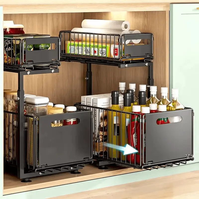 2-tier adjustable pull-out cabinet organizer for under sink storage