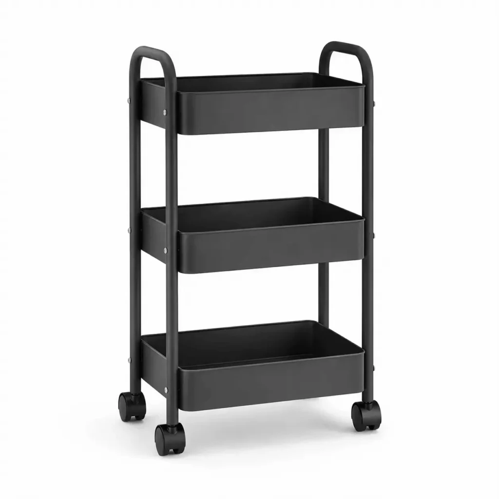 3-tier slim rolling storage cart with metal baskets and wheels for kitchen, bathroom, laundry room, office and small space organization.