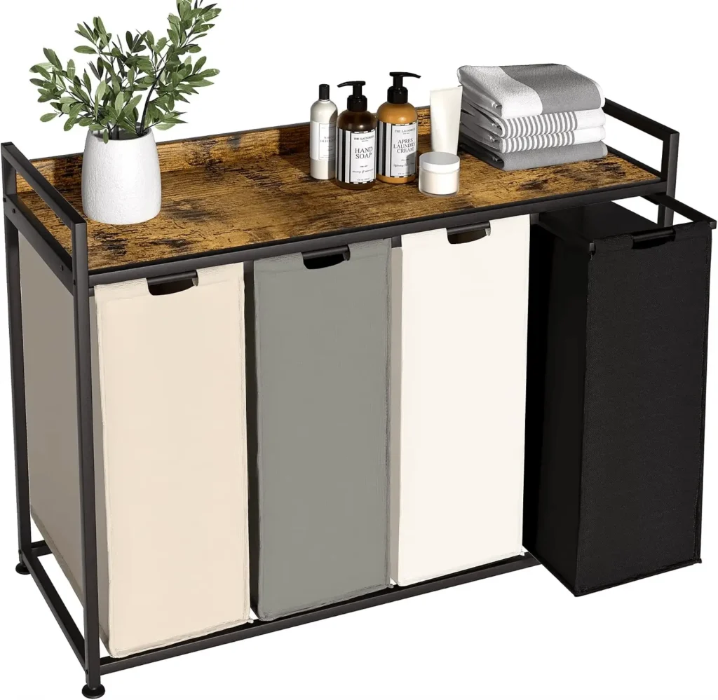 4-section laundry hamper with shelf, removable bags, wheels, and metal frame