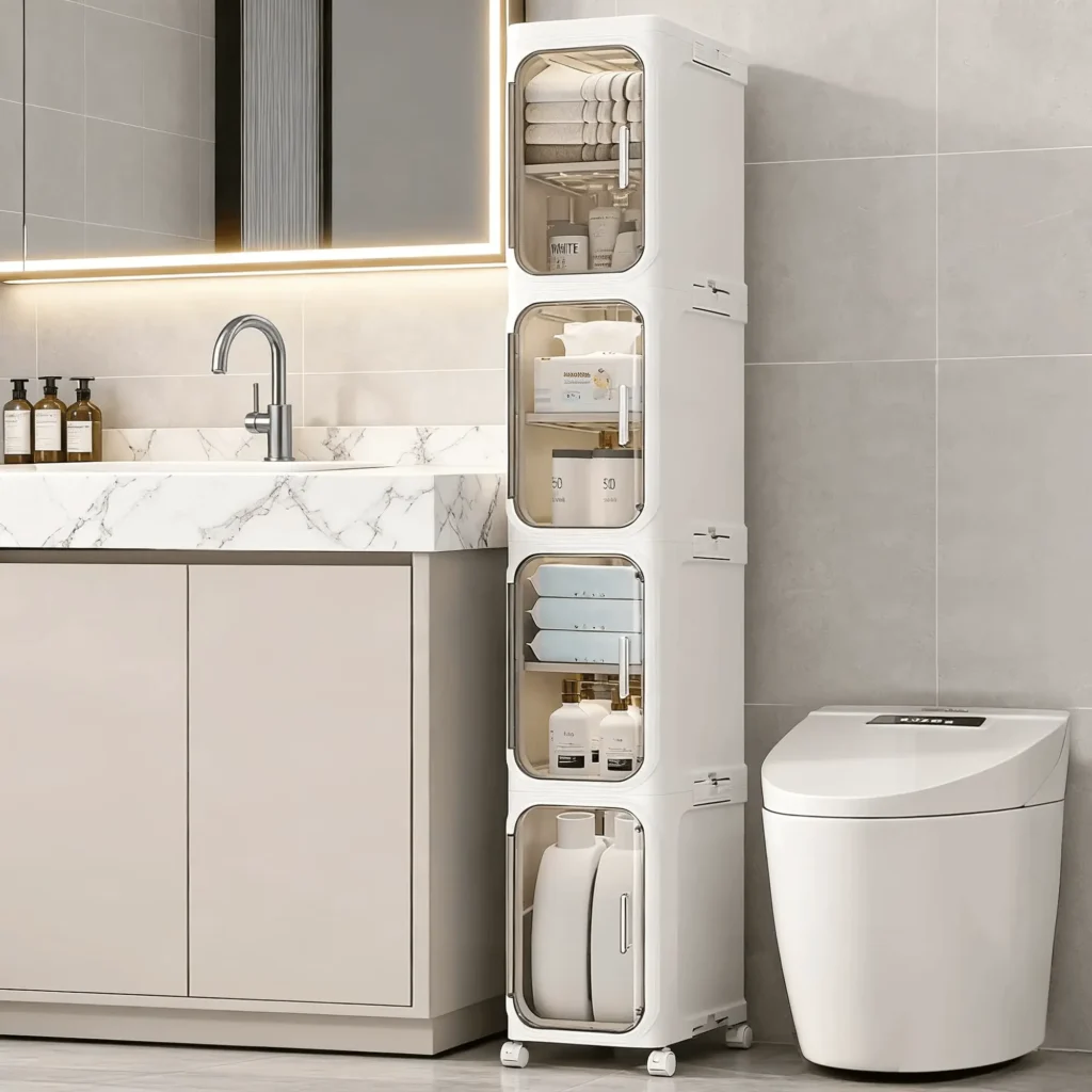 4-tier tall narrow white storage cabinet with adjustable shelves and wheels for laundry room organization