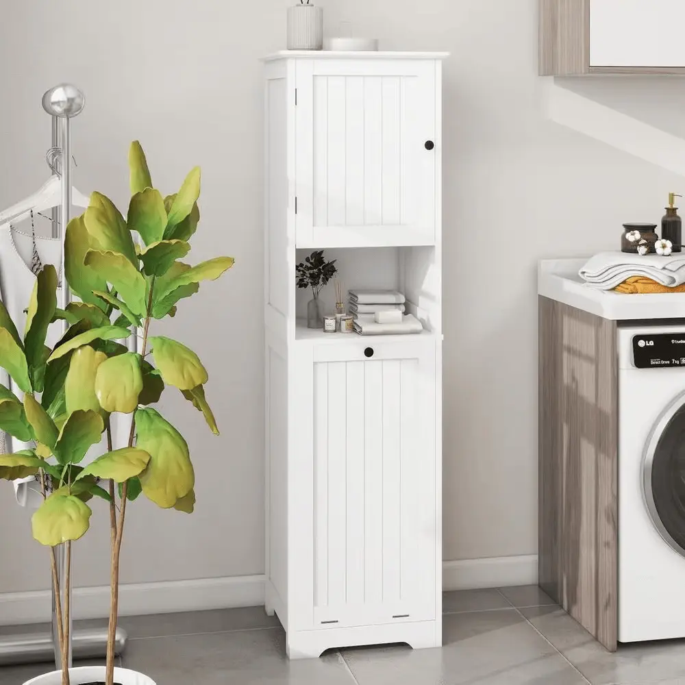 55-inch white laundry hamper cabinet with shelves for bathroom and laundry room storage