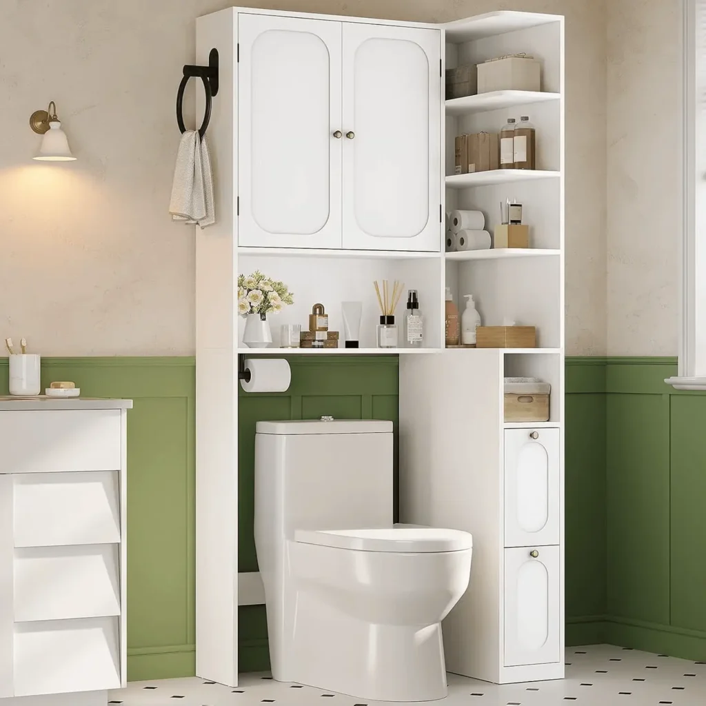 7-tier L-shaped over-the-toilet storage cabinet with drawers, doors, and shelves for laundry room organization