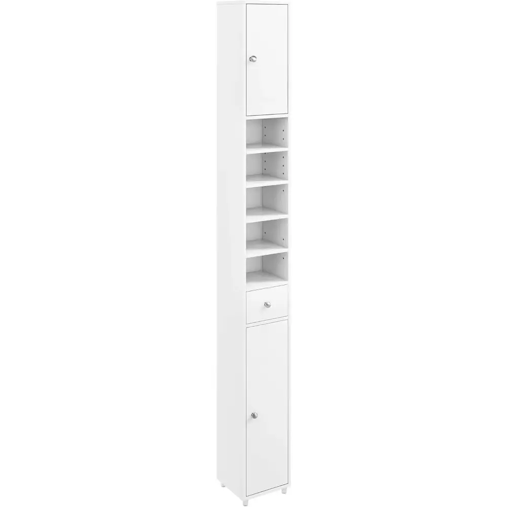 71-inch tall narrow white storage cabinet with drawer, doors, and open shelves for laundry room organization