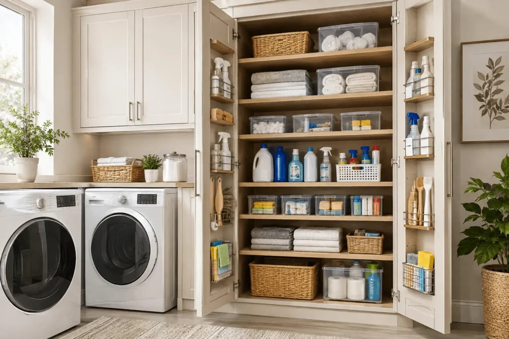 Organized laundry room cabinet with shelves, storage bins, towels, detergents, and cleaning supplies