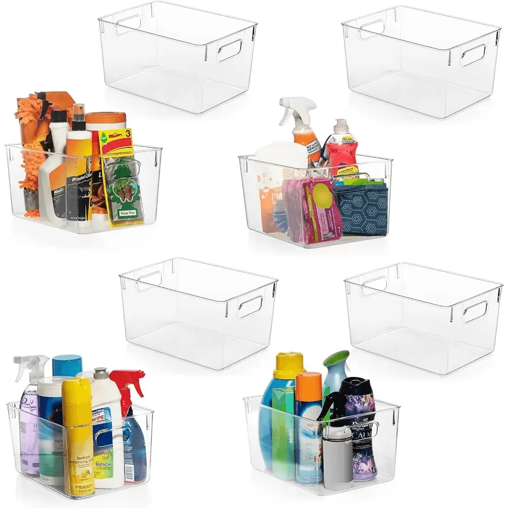 Clear plastic storage bins 8-pack with built-in handles for organizing pantry, laundry room, kitchen, closet, freezer, and cabinets.