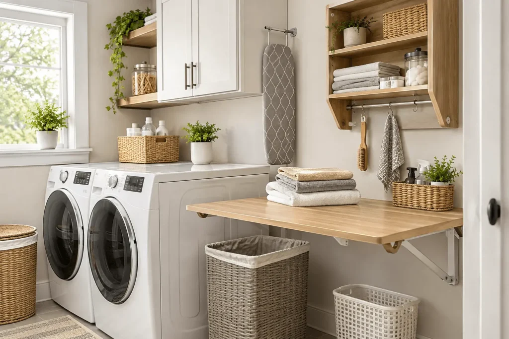 Compact folding station in a small laundry room with organized storage
