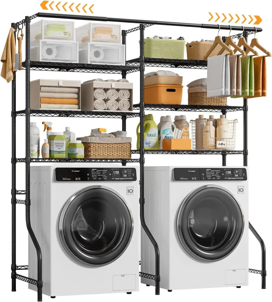 Six-tier expandable over washer and dryer storage rack with hanging rods and hooks in black