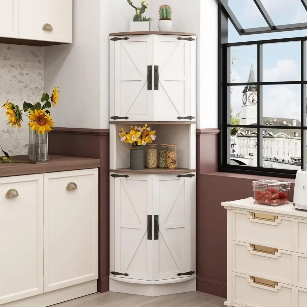 64.8-inch tall white farmhouse corner storage cabinet with four barn-style doors and five shelves