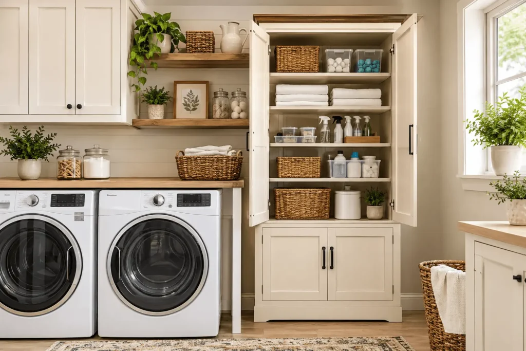 Farmhouse storage cabinet with organized shelves beside a washer and dryer in a modern laundry room