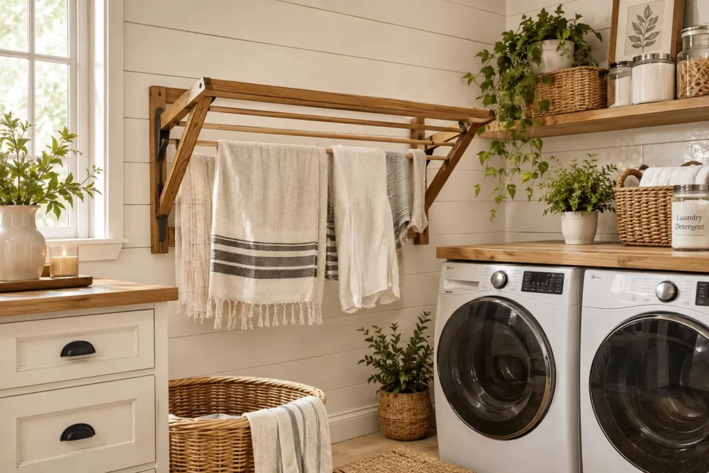 Farmhouse laundry room with a wooden wall-mounted fold-down drying rack displaying neatly hung towels and clothing.