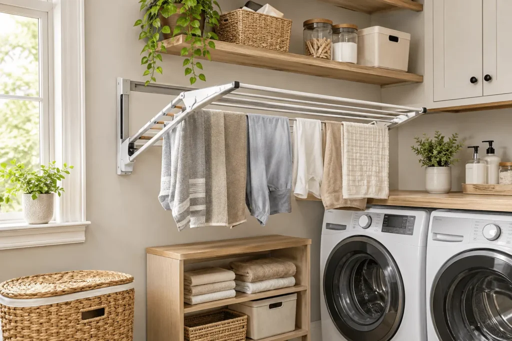 Fold-down wall-mounted laundry drying rack in a compact organized laundry room.