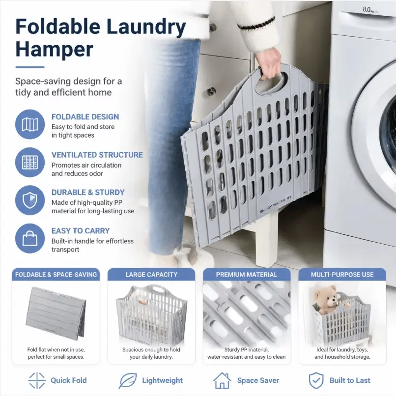 Foldable plastic laundry hamper with ventilated design and built-in handle
