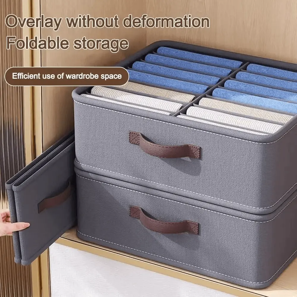Foldable wardrobe clothes storage organizer with 14, 16 and 24-grid compartments for shirts, pants, jeans and drawer organization.