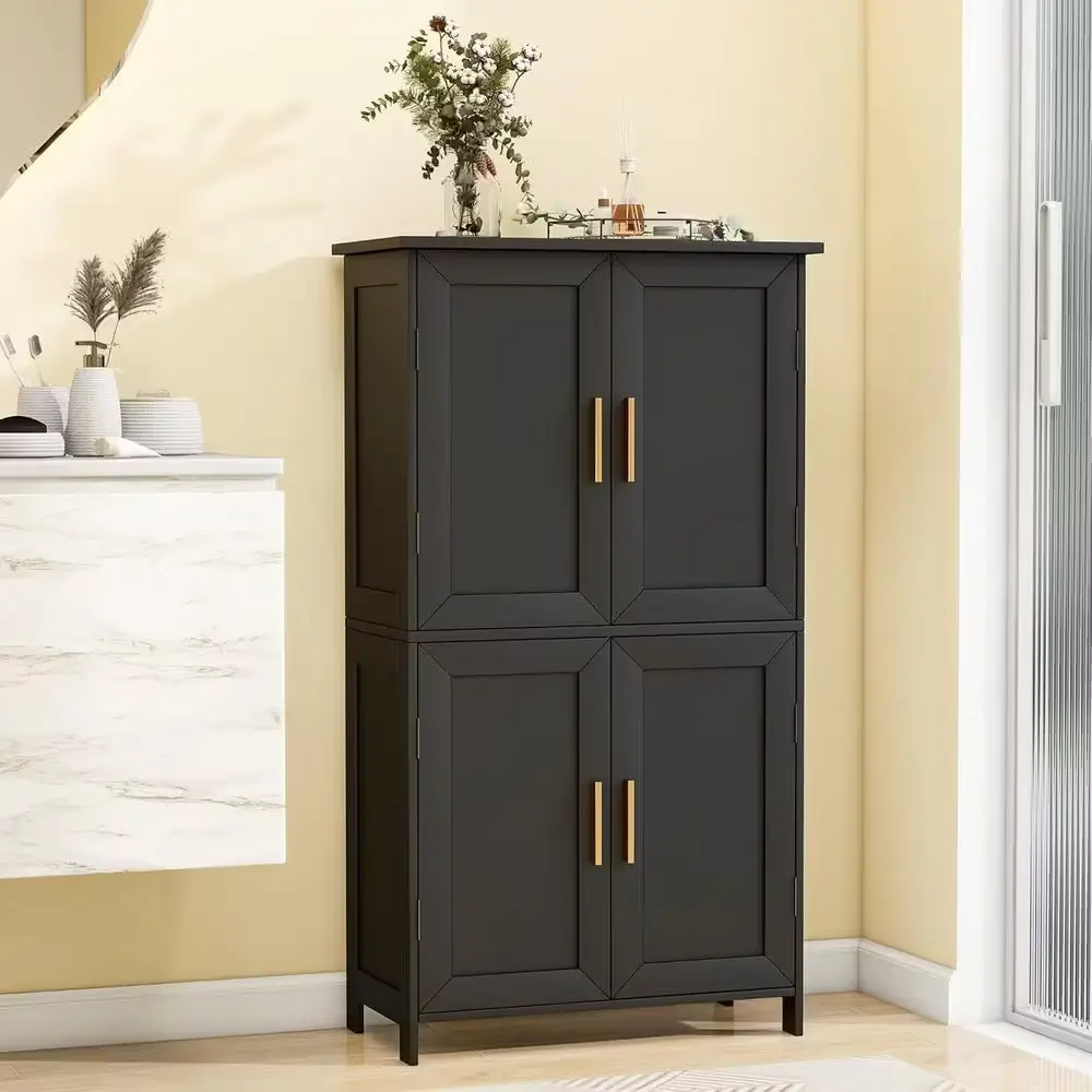 Black freestanding bathroom storage cabinet with adjustable shelves and magnetic doors for laundry room organization