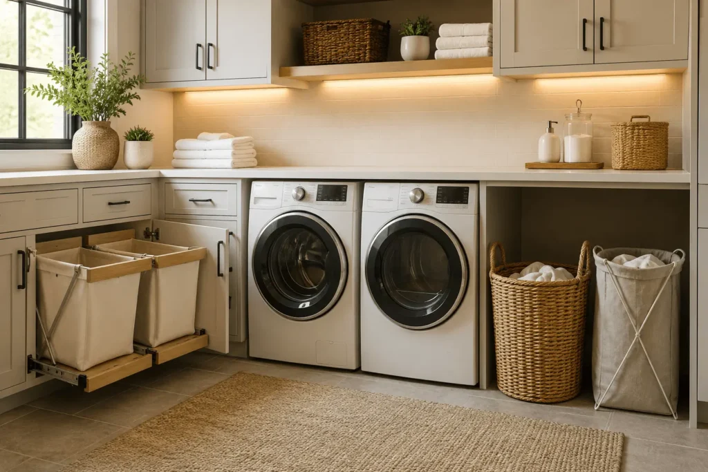 Laundry hampers for organized laundry room storage