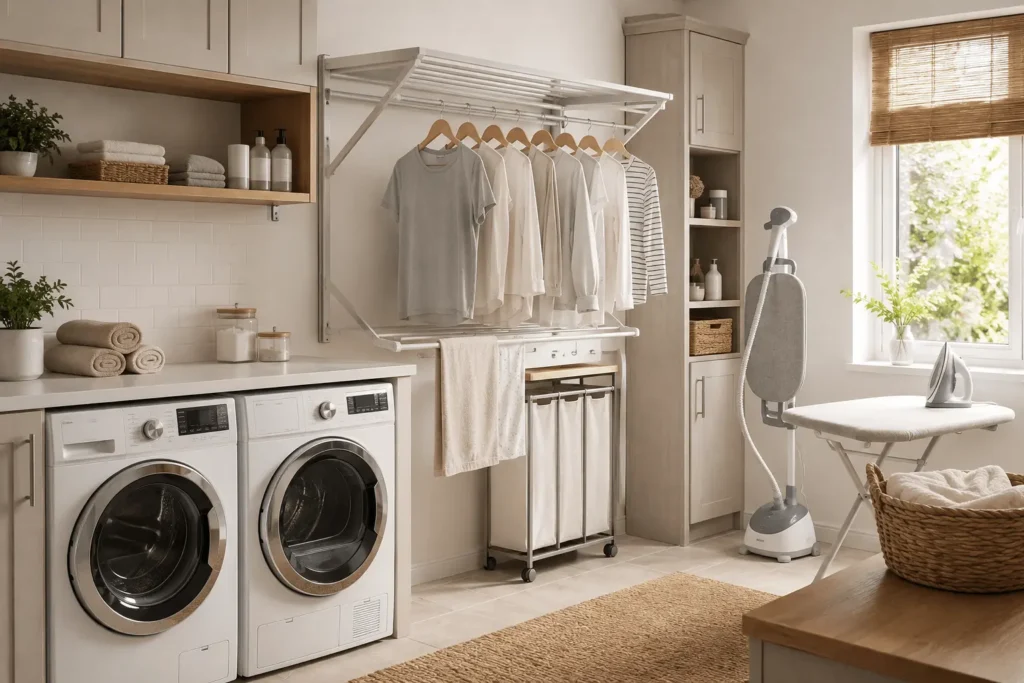 Modern laundry room organization with a wall-mounted drying rack, neatly hung clothes, ironing board, garment steamer, and storage cabinets.