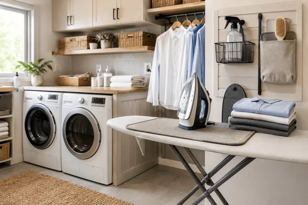 Modern laundry room organization with ironing board, steam iron, folded clothes, and garment care storage