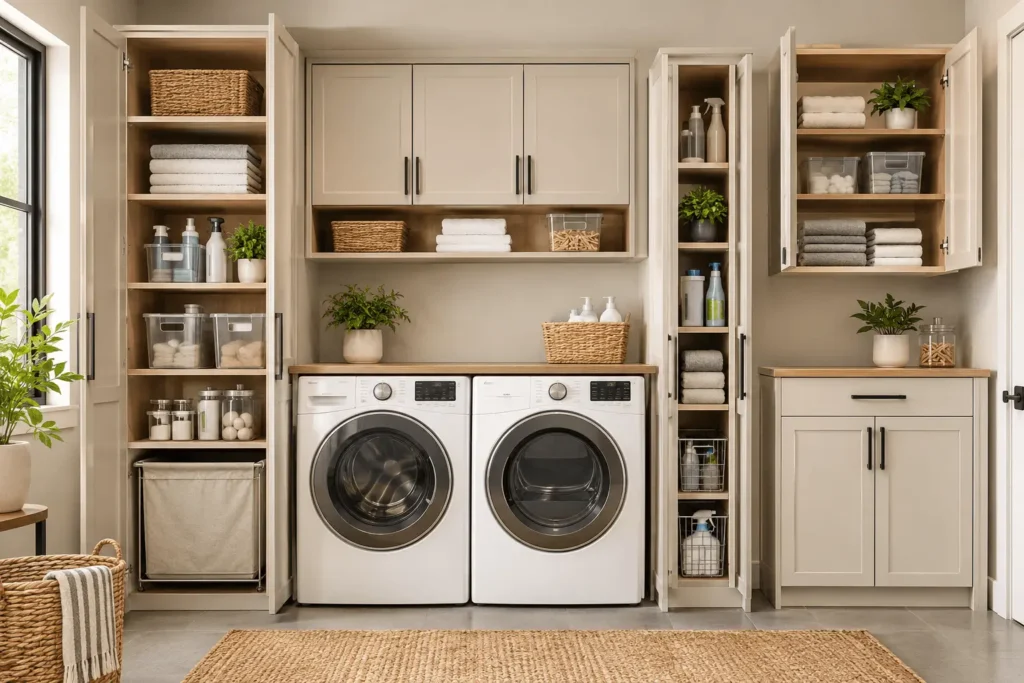 Laundry room storage cabinet comparison with tall, slim, wall-mounted, and lower cabinets
