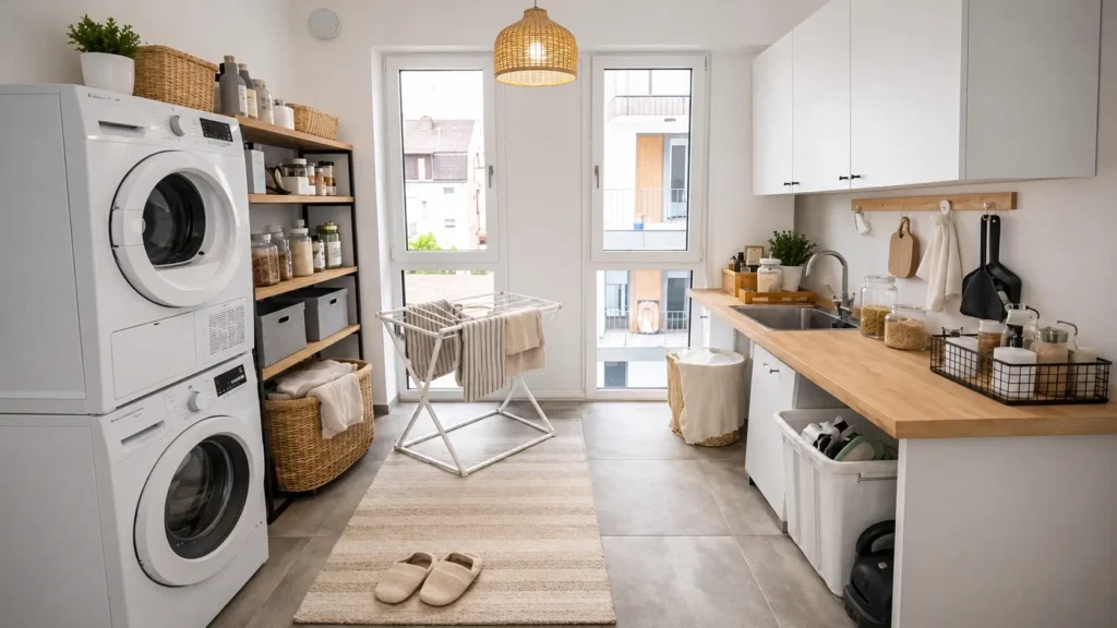 Modern laundry room organization with smart storage, shelves, baskets, and washer dryer