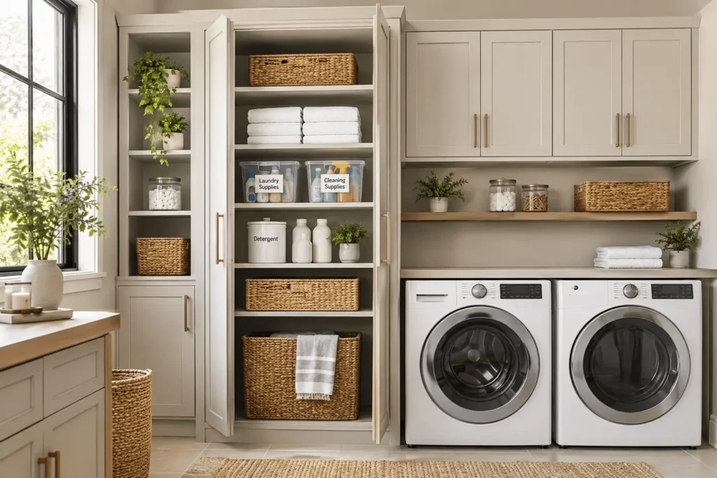 Modern laundry room with tall storage cabinets, organized shelves, and white washer and dryer