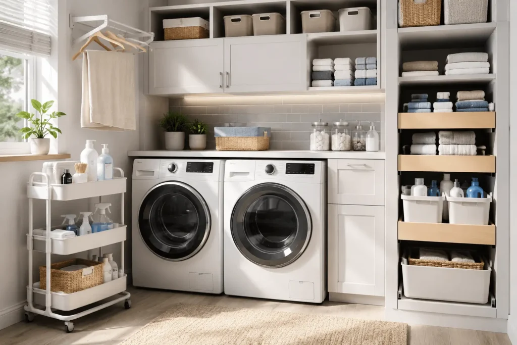 Modern laundry room with organized storage cabinets, shelves, baskets, and washer and dryer