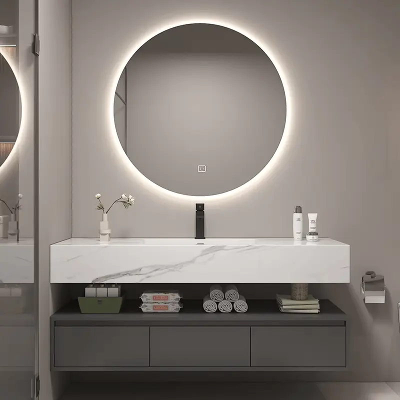Modern luxury bathroom vanity cabinet with marble washbasin for laundry room storage
