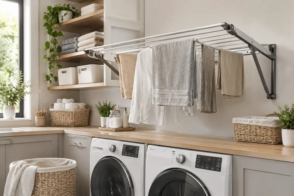 Modern wall-mounted fold-down drying rack in an organized minimalist laundry room
