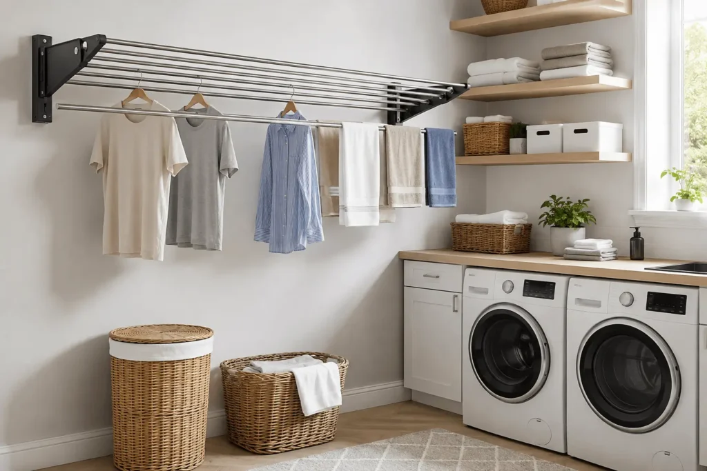Multi-rod wall-mounted laundry drying rack in a bright, organized modern laundry room